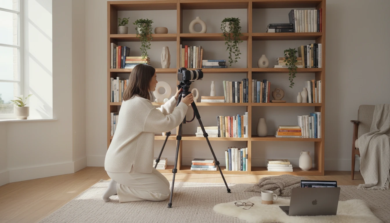 Content creator setting up a camera to photograph a beautifully styled bookshelf for social media