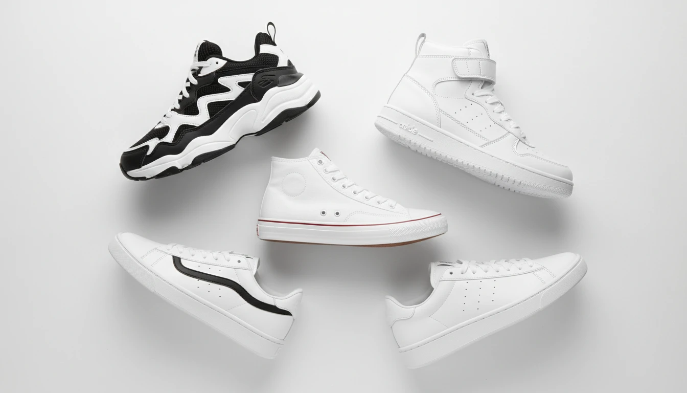 Flat lay of several iconic sneakers representing different brands arranged on a clean surface