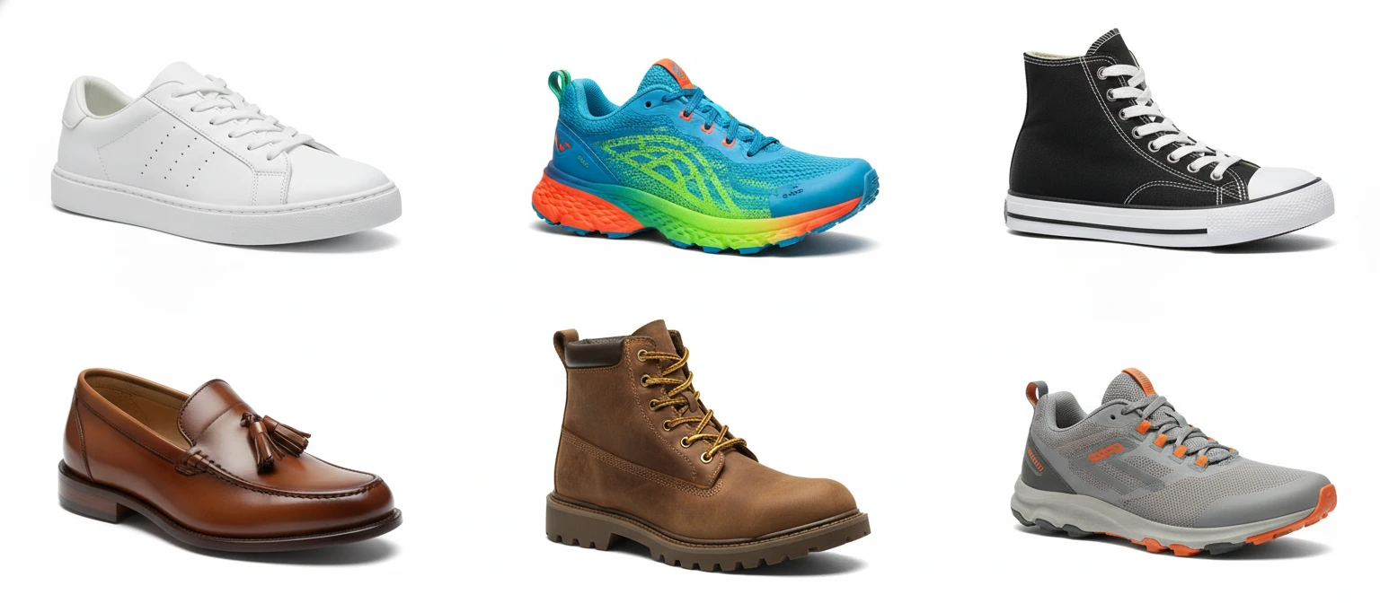Wide photo collage of six shoe types: a white leather low-top sneaker, a cushioned running shoe, a classic canvas high-top, a luxury leather loafer, a rugged boot, and a minimalist trail runner