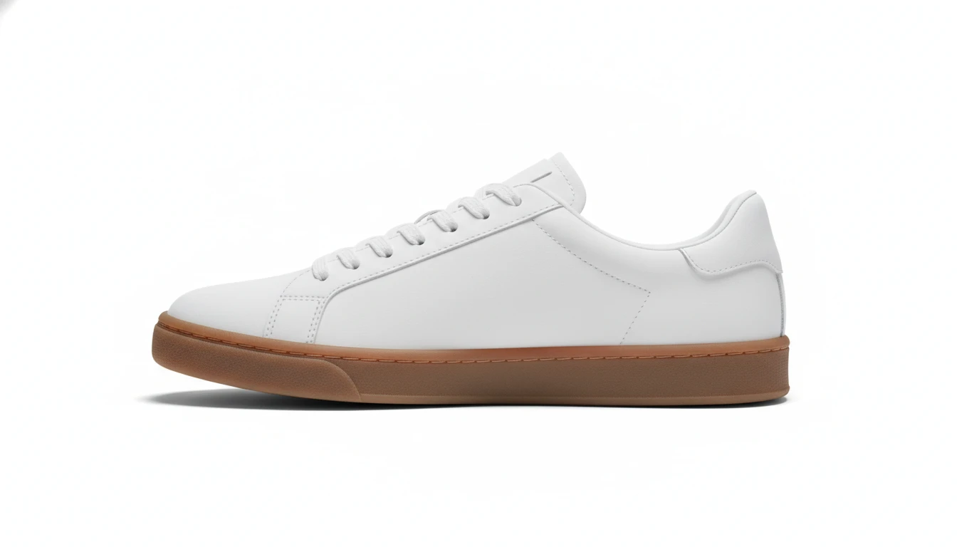 Side-profile product shot of a classic white leather low-top sneaker with a clean gum rubber outsole