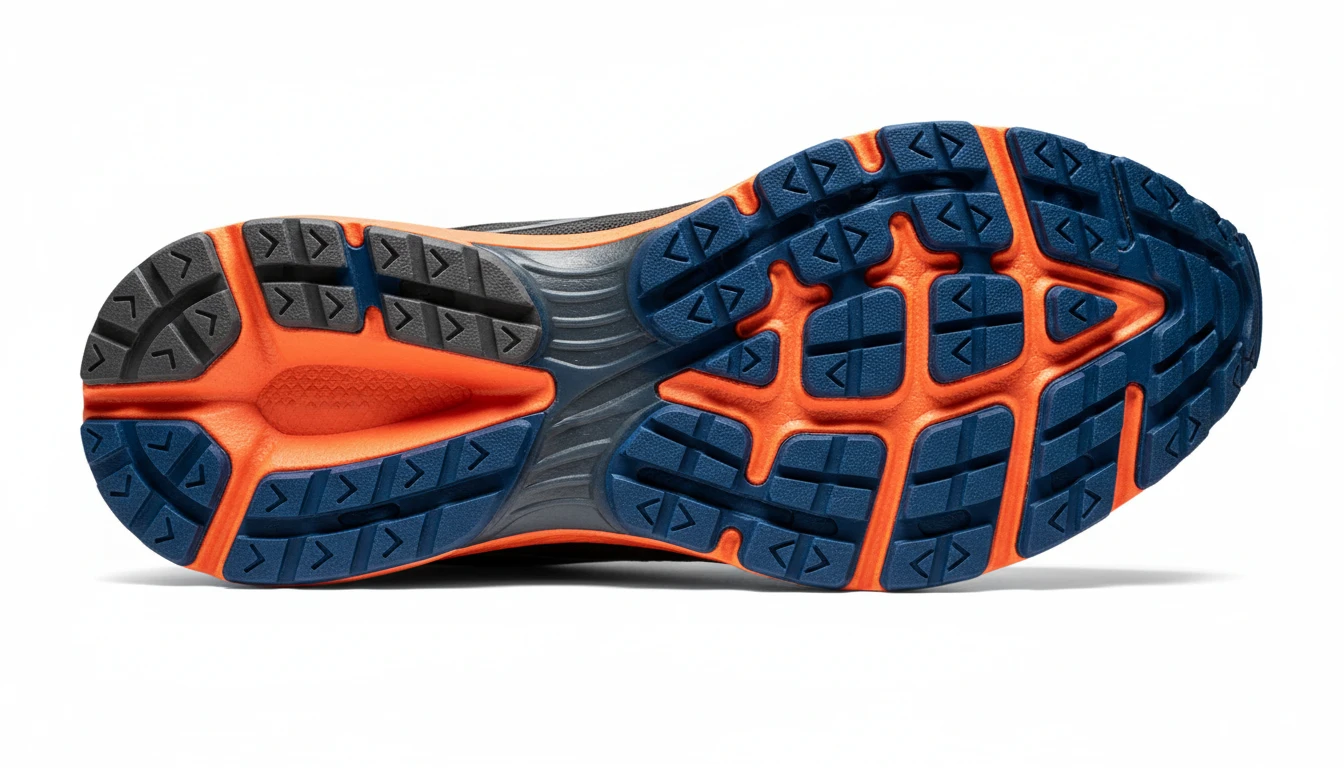 Close-up bottom view of a running shoe outsole showing detailed tread pattern and midsole foam cushioning