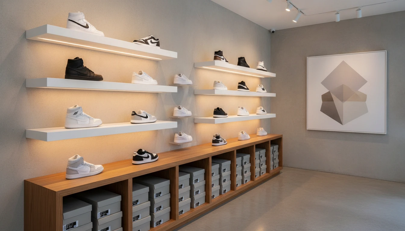 Person in a sneaker boutique examining a boxed pair of shoes with other limited release sneakers displayed on shelves