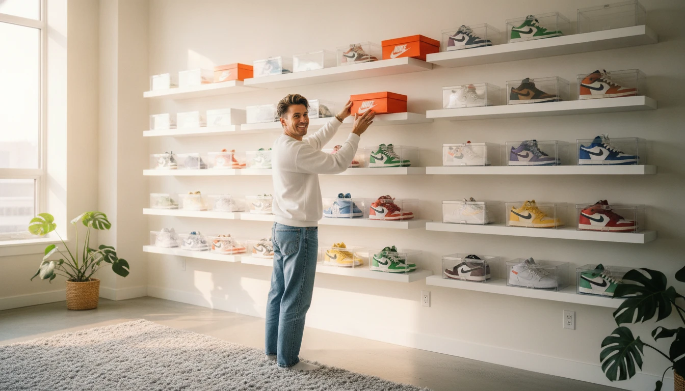 Sneaker collector arranging a row of boxed sneakers on a custom shelf display in a bright room