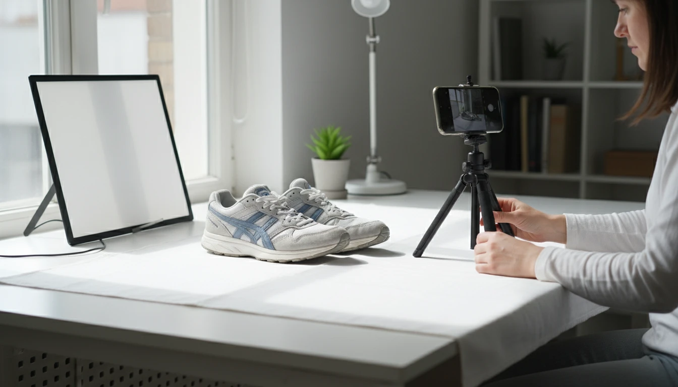 Person photographing a pre-owned pair of sneakers on a clean white background for an online listing