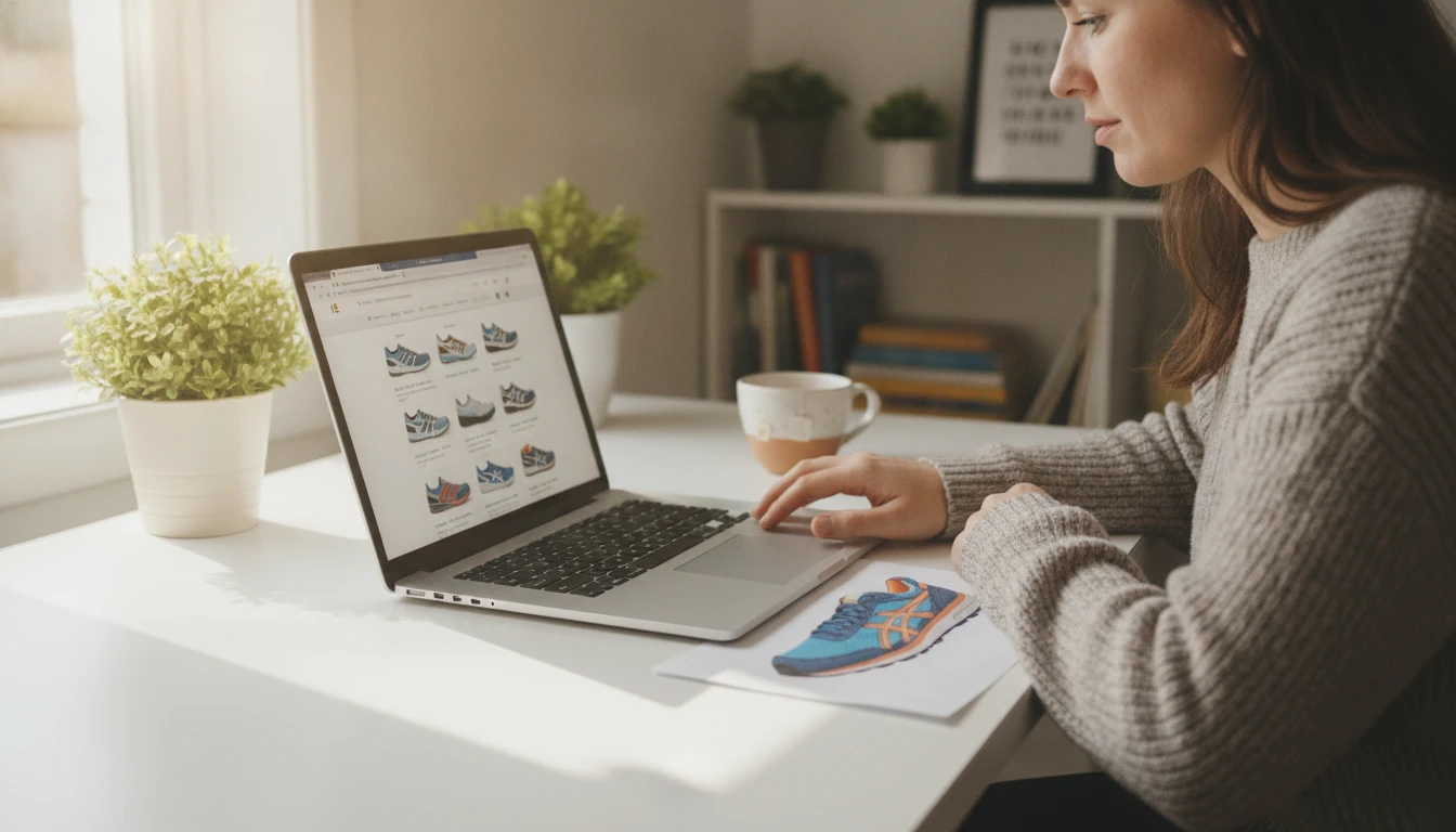 Person browsing shoe options on a laptop with a printed photo of a specific sneaker beside them on the desk