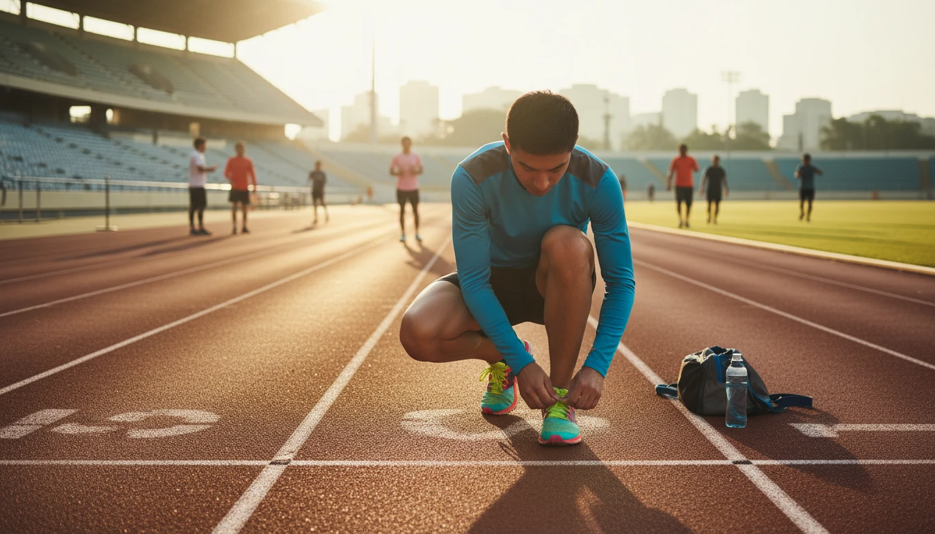 Runner tying their running shoes before a morning run on a track with other runners visible in the background