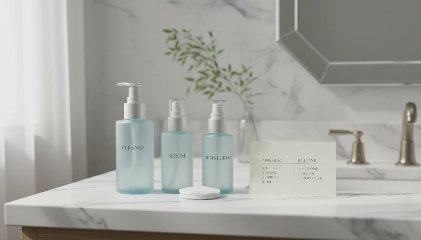 Skincare bottles and a simple morning and evening routine card on a marble counter