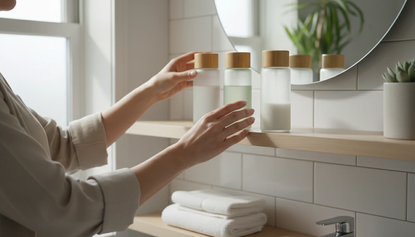 Person lining up a few skincare bottles on a bathroom shelf