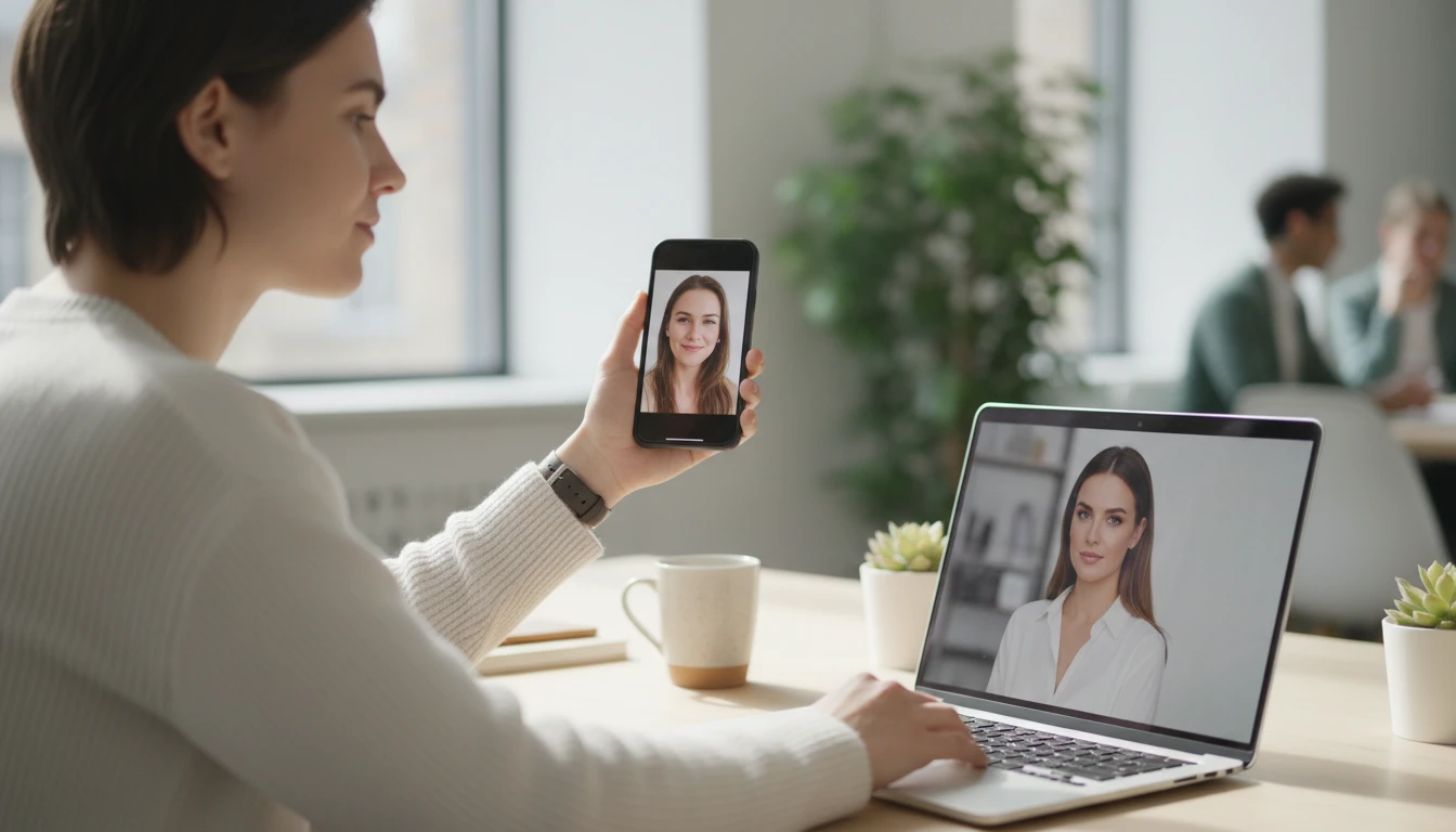 Person comparing a selfie to a polished headshot on a laptop
