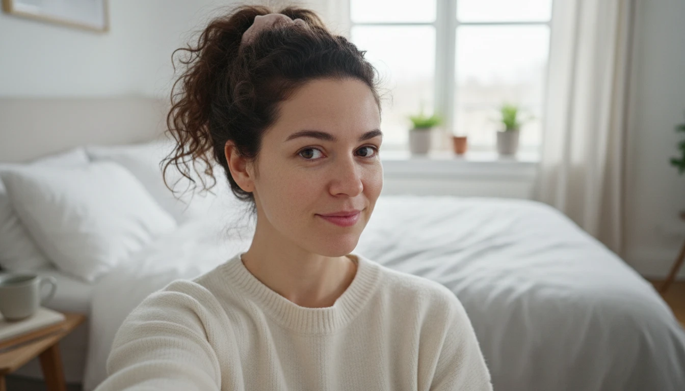 Person taking a bare-faced selfie near a window