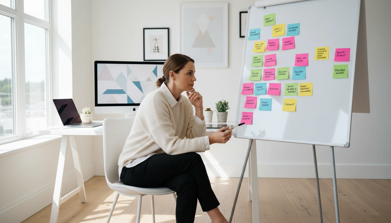 Brand strategist at a desk reviewing slogan options on a whiteboard with sticky notes