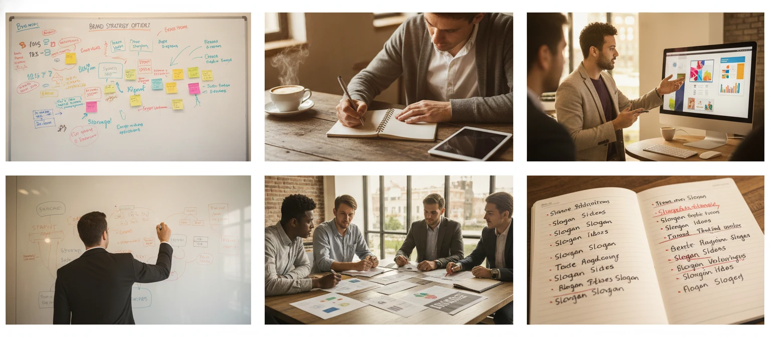 Wide collage of brand and marketing creative environments β agencies, desks, whiteboards, notebooks