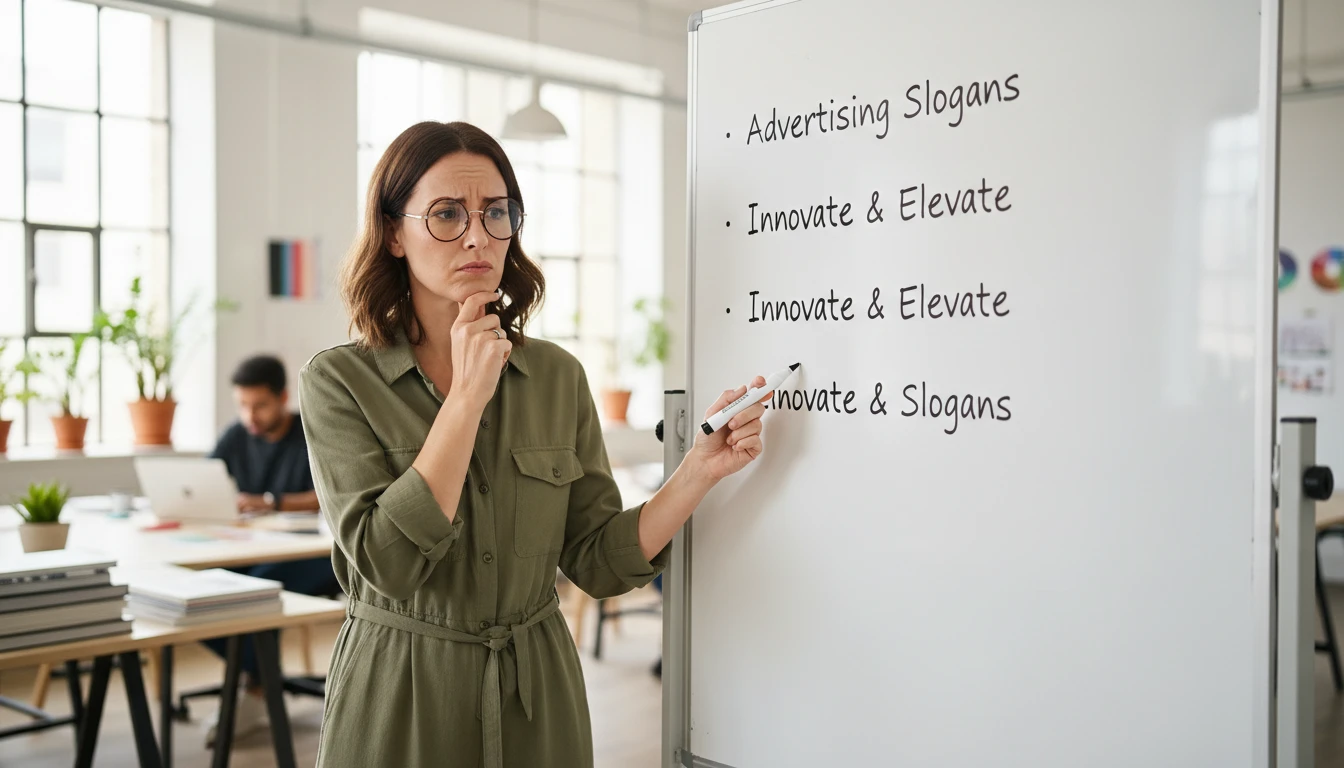 Creative director evaluating ten different slogan options on a whiteboard