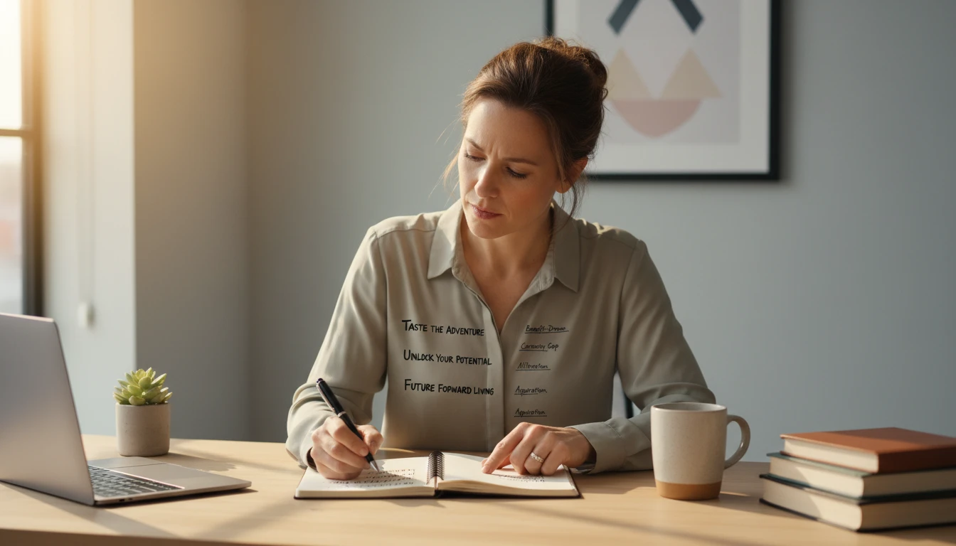 Copywriter annotating slogan options with technique labels on a notebook at a desk