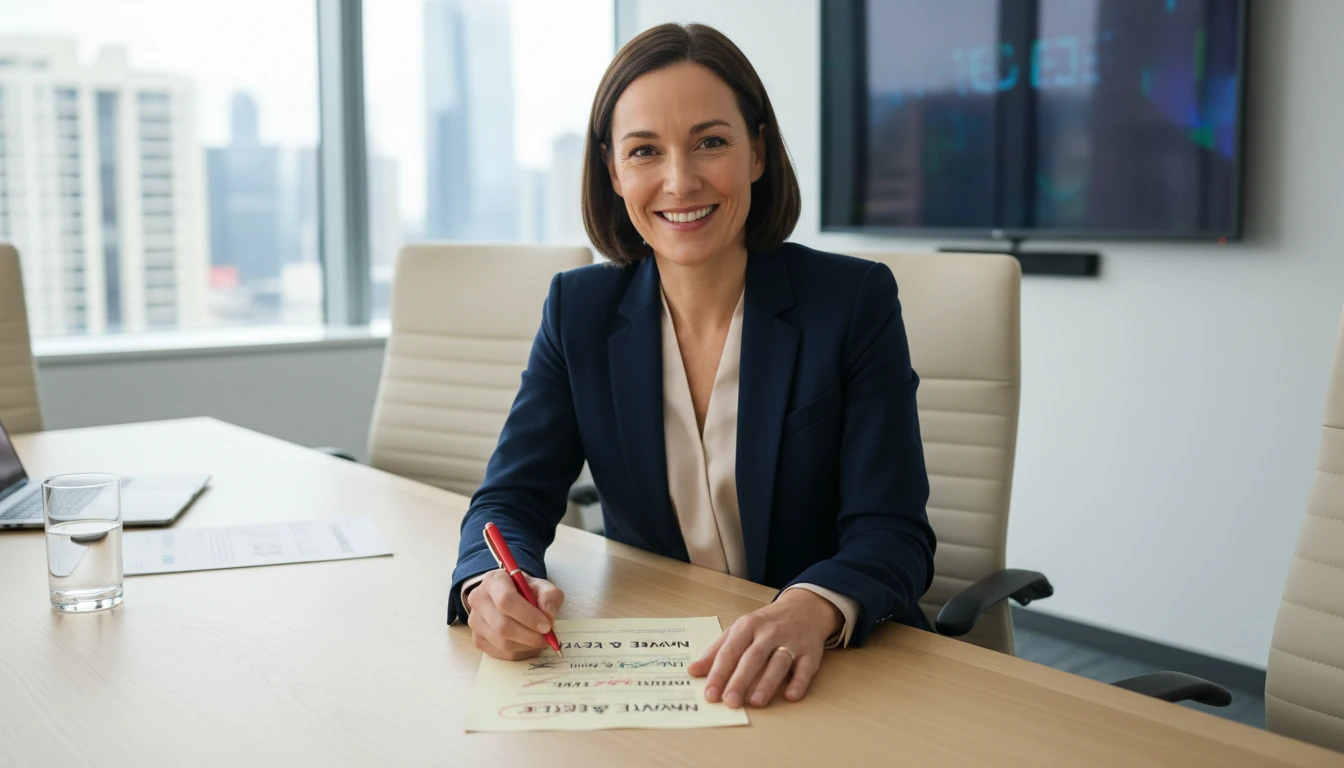 Brand manager circling the top slogan option on a printed list at a meeting table
