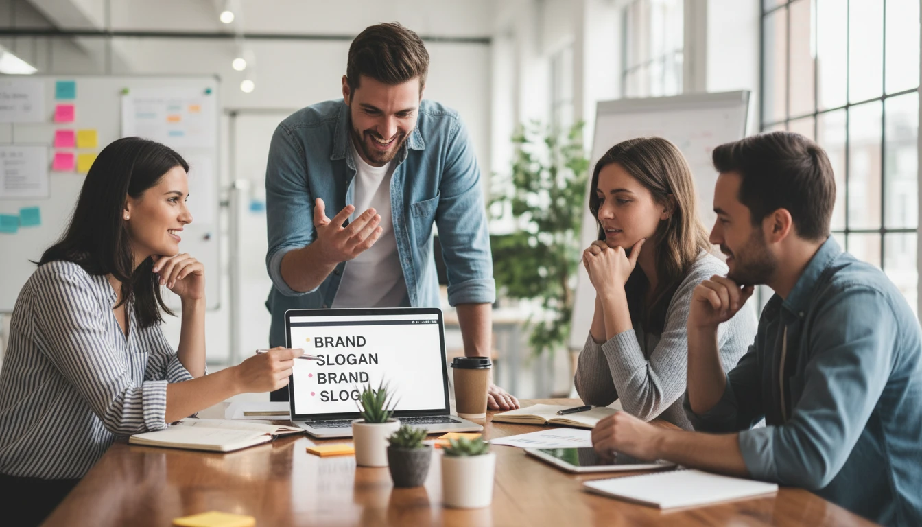 Startup team at a table reviewing brand slogan options on a laptop during a brainstorm