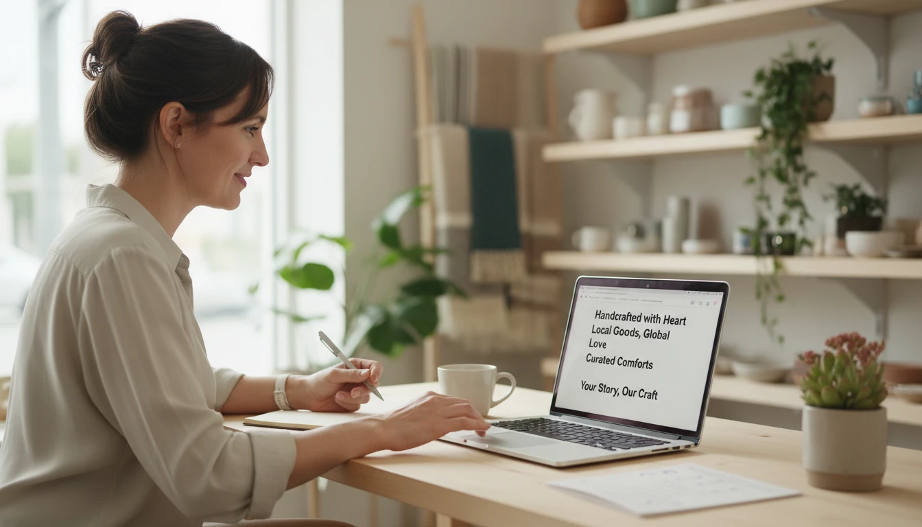 Small business owner reviewing slogan options on a laptop at a shop desk