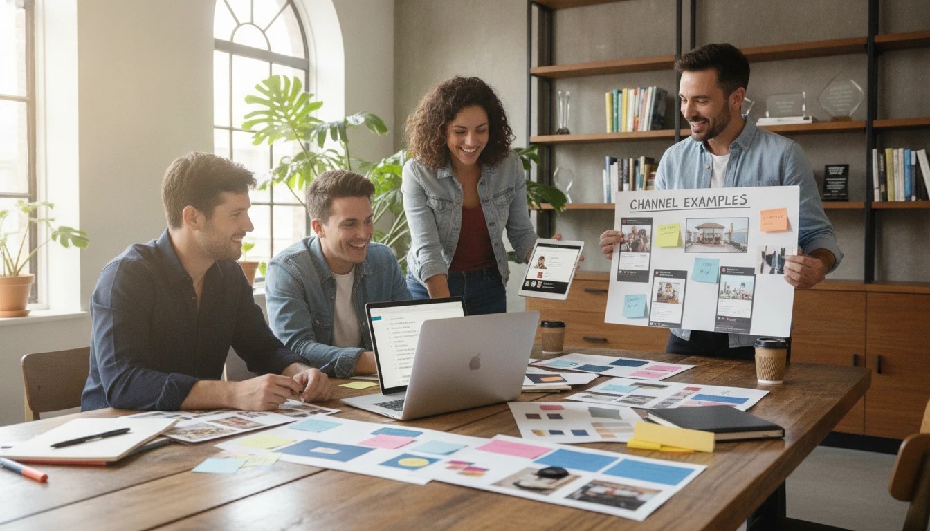 Marketing team reviewing campaign slogan options on a laptop at an agency desk
