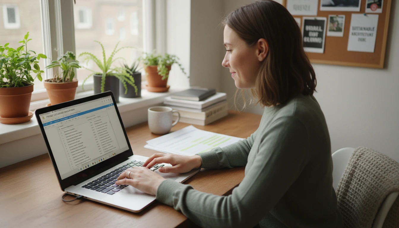 Freelance copywriter at a home desk generating slogan options for a client project