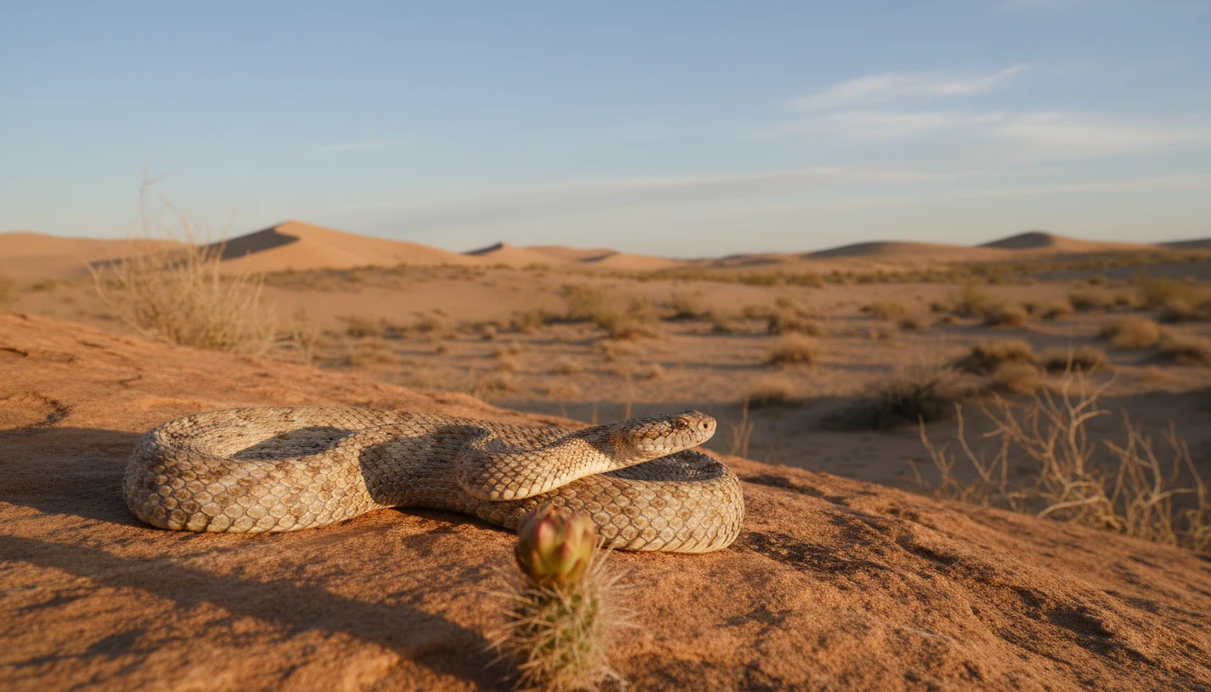 Herpetologist in the field photographing a snake on a rock to identify it safely from a distance
