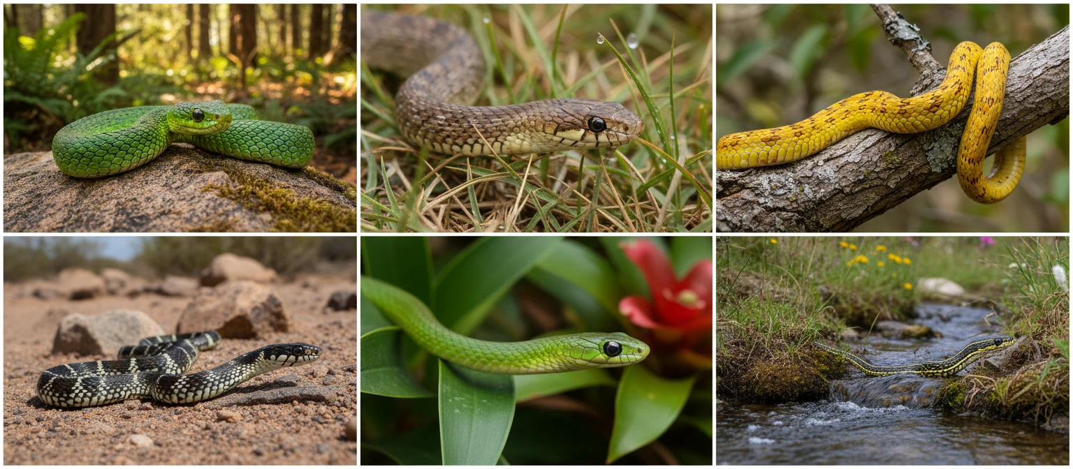 Wide nature photograph of a snake in its natural habitat on a rock or in vegetation