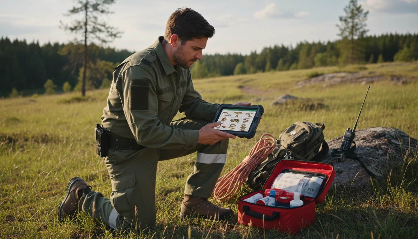 Emergency responder reviewing snake identification and venom information on a tablet in the field