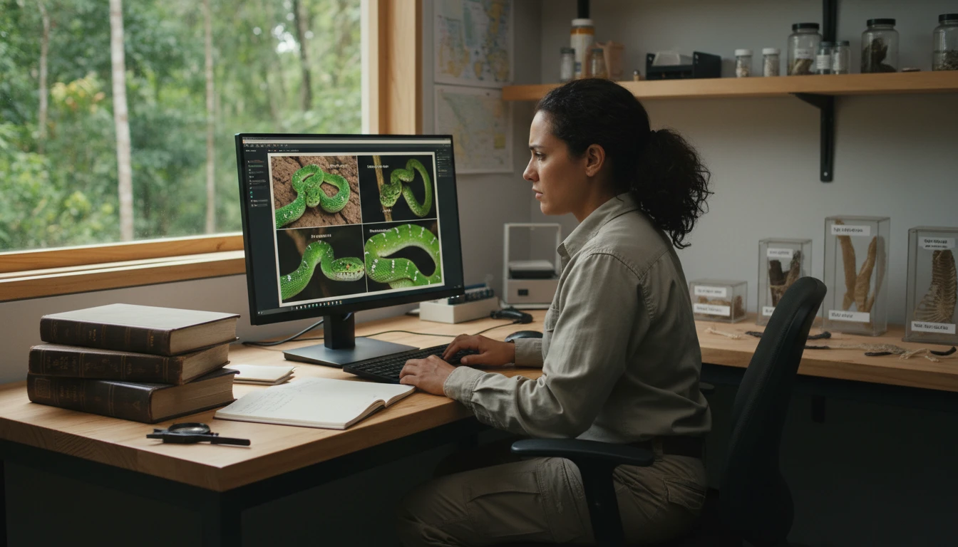 Wildlife biologist in a laboratory comparing snake specimen photos on a computer screen for species identification