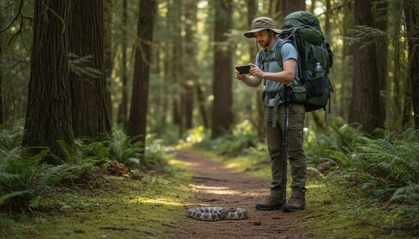 Hiker on a trail checking snake identification results on a phone with a forest path in the background
