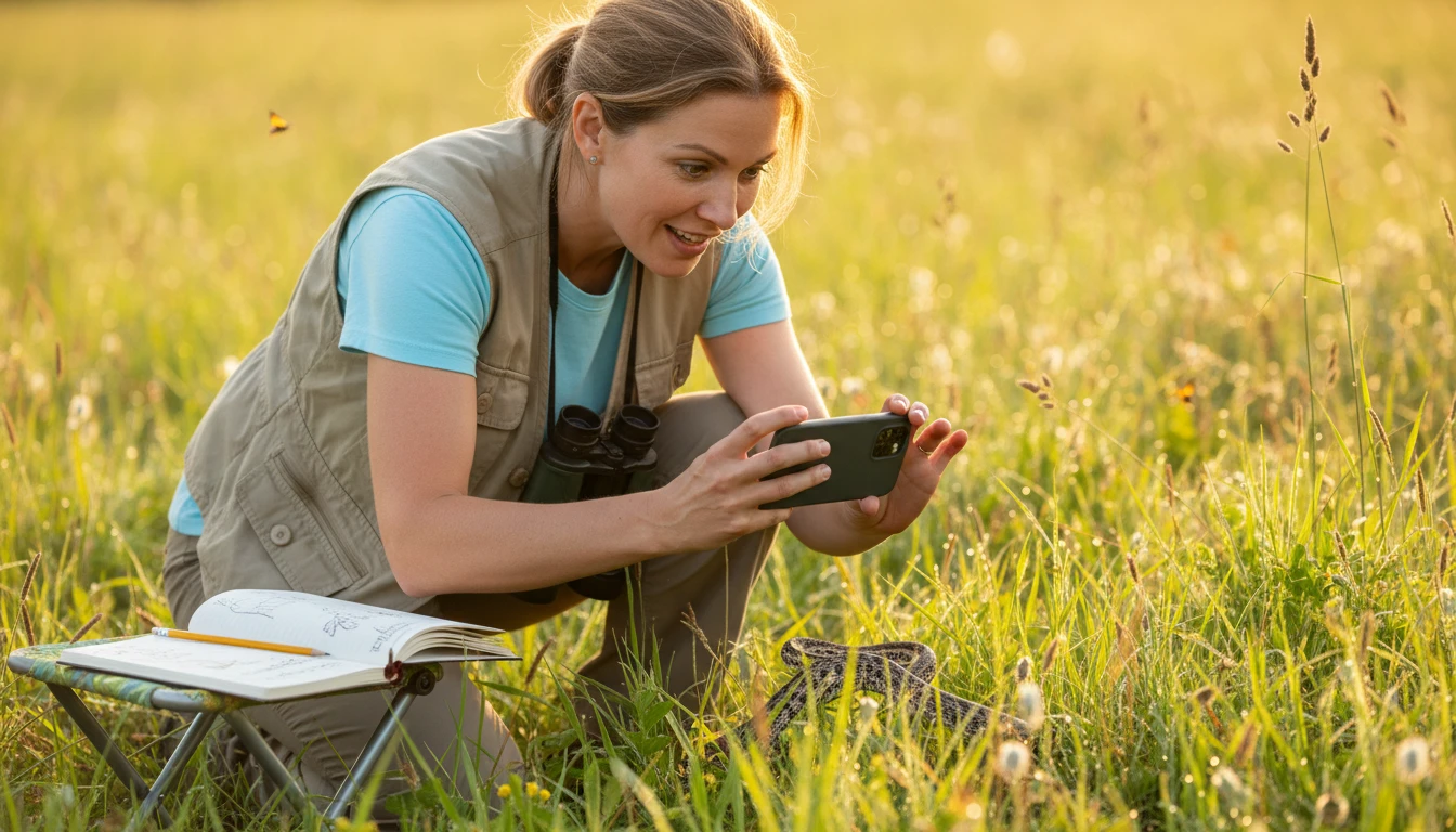 Naturalist writing field notes beside an open laptop showing a snake species profile with scientific name and ecological details