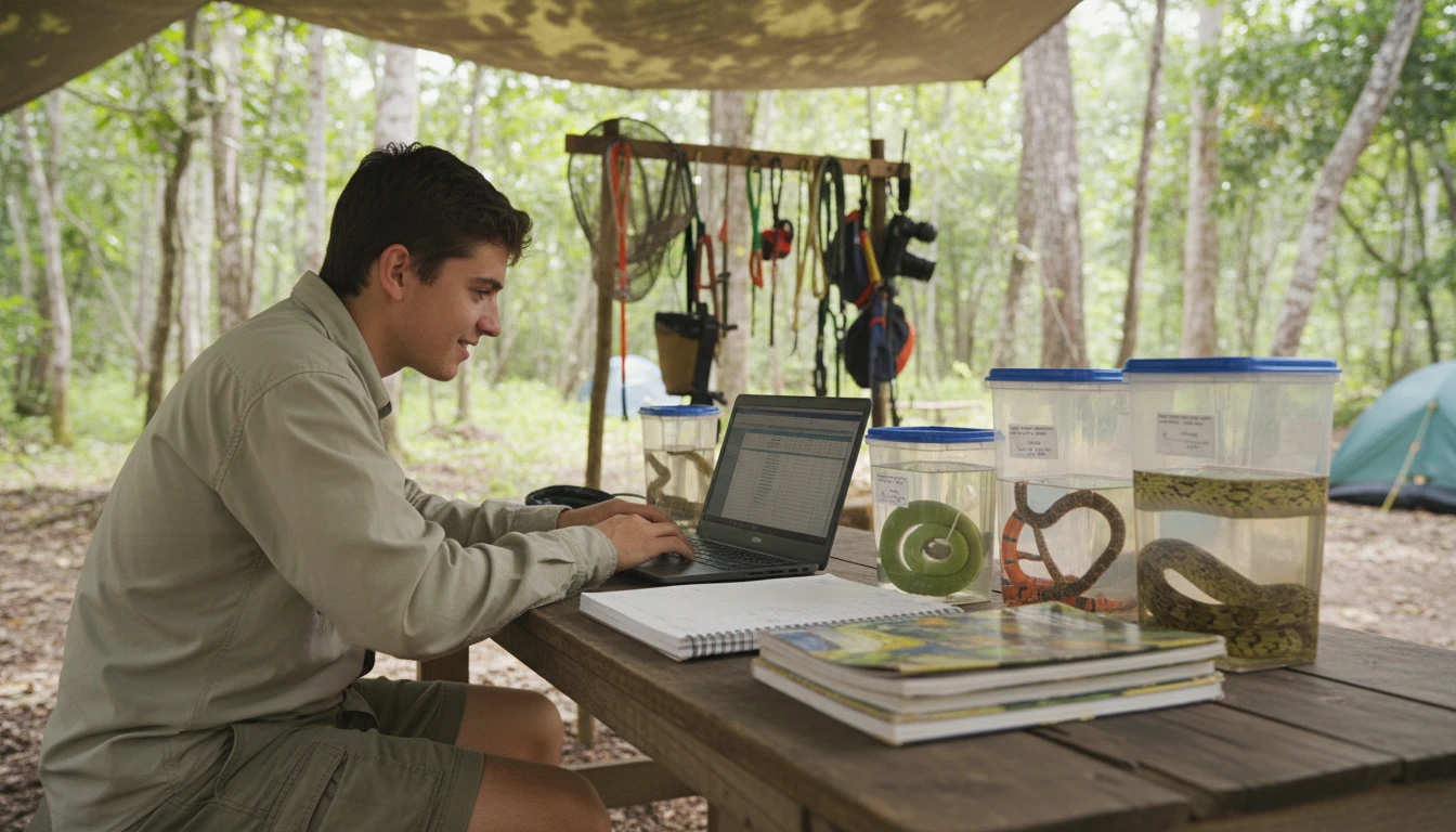 Herpetology student at a field research station reviewing snake identification data on a laptop beside field specimens