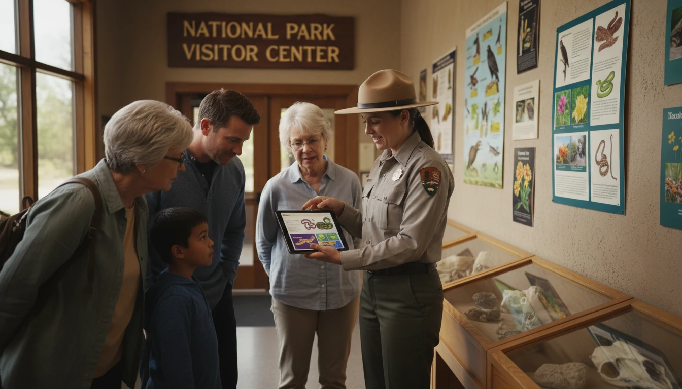 Park ranger at a visitor centre showing snake identification information on a tablet to a group of visitors