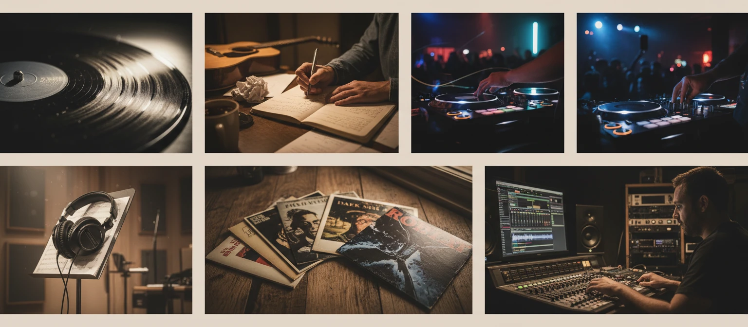 Wide editorial collage showing a vinyl record, a songwriter writing lyrics, a DJ at a turntable, headphones on a music stand, album artwork, and a music producer at a mixing console