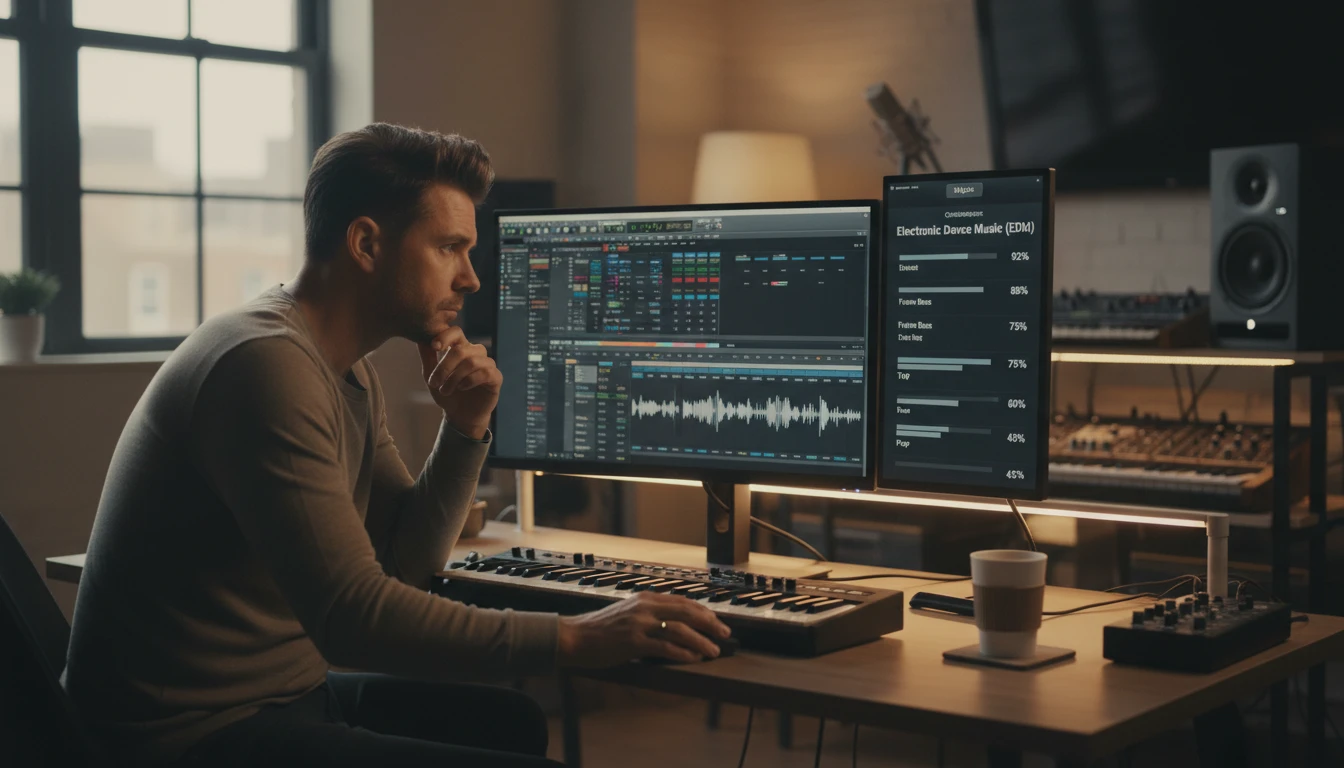 Music producer reviewing a genre and subgenre breakdown with confidence scores on a studio monitor screen