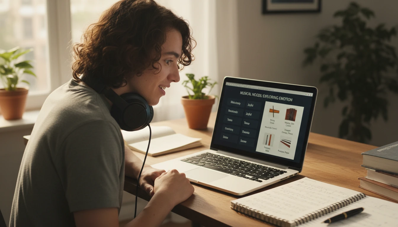 Music student reviewing a musical mood and instrument breakdown on a laptop while listening through headphones