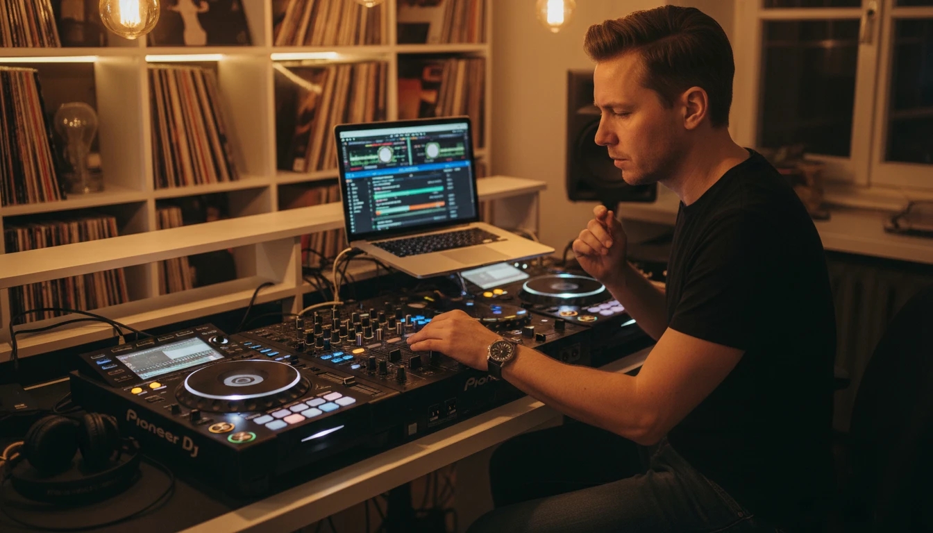 DJ reviewing song analysis results on a laptop to plan a genre-consistent DJ set