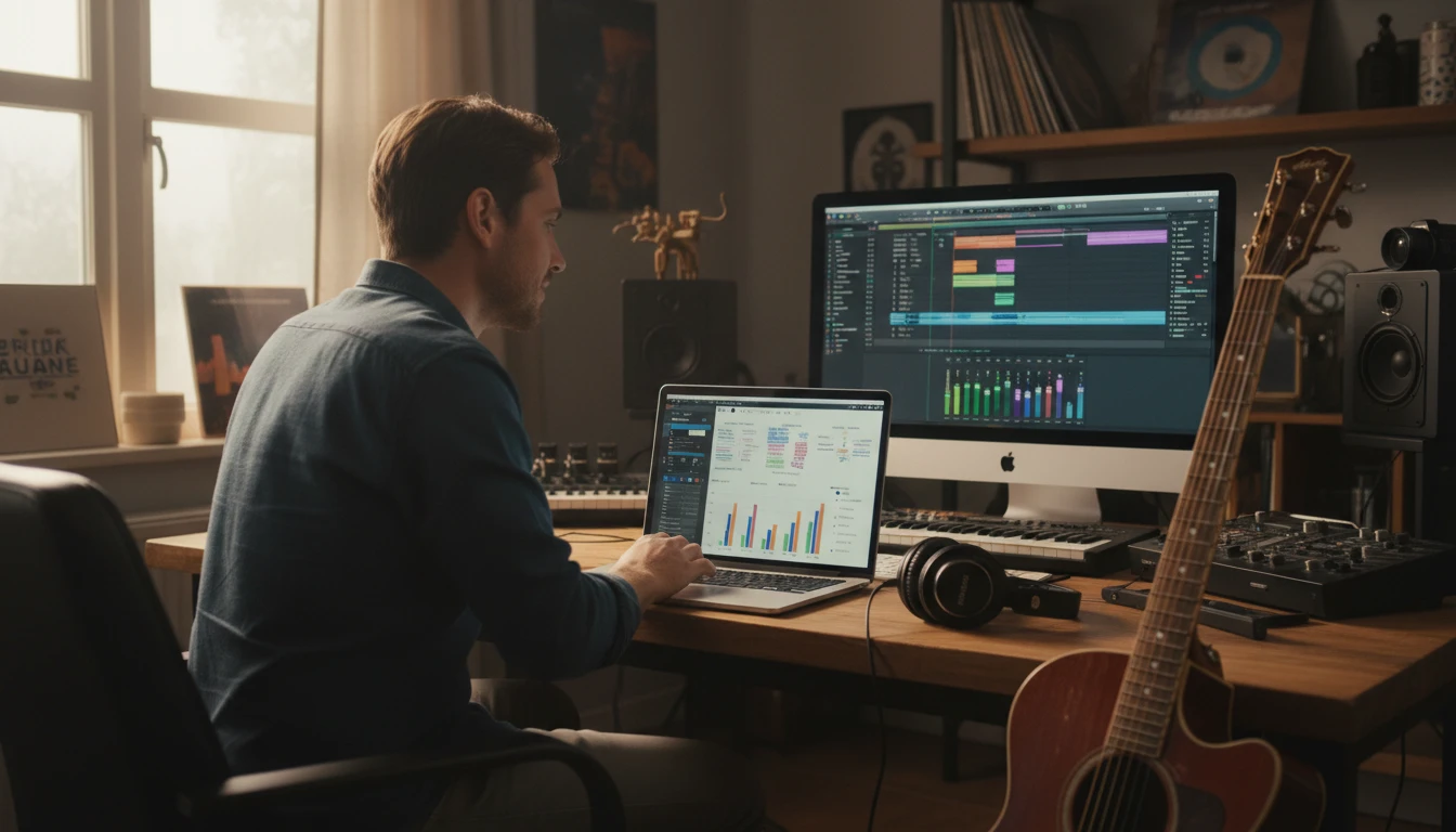 Songwriter using a song analyzer to study reference tracks for their own composition