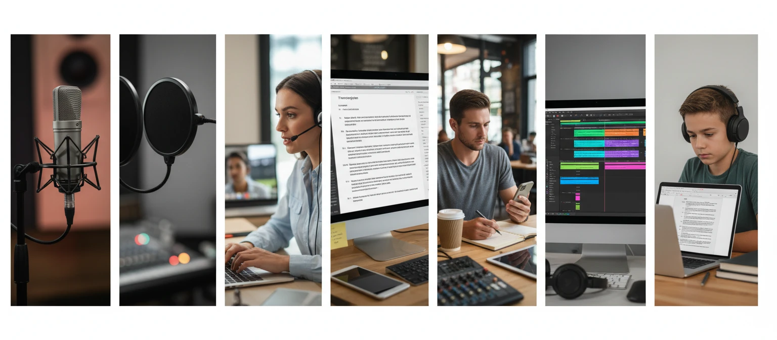 Wide editorial collage showing microphones, recording setups, transcription documents, and people working with audio in offices and studios