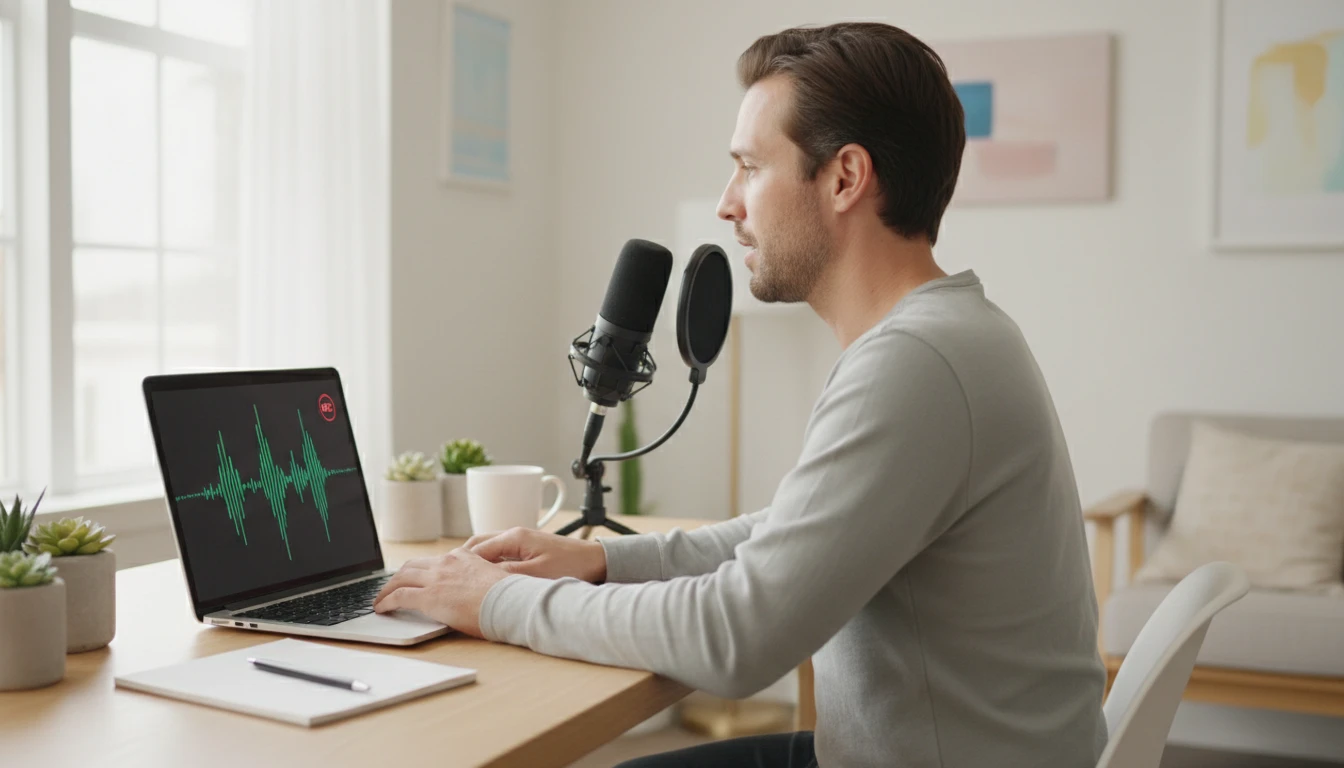Person recording audio directly in a browser on a laptop, a waveform animation visible on screen