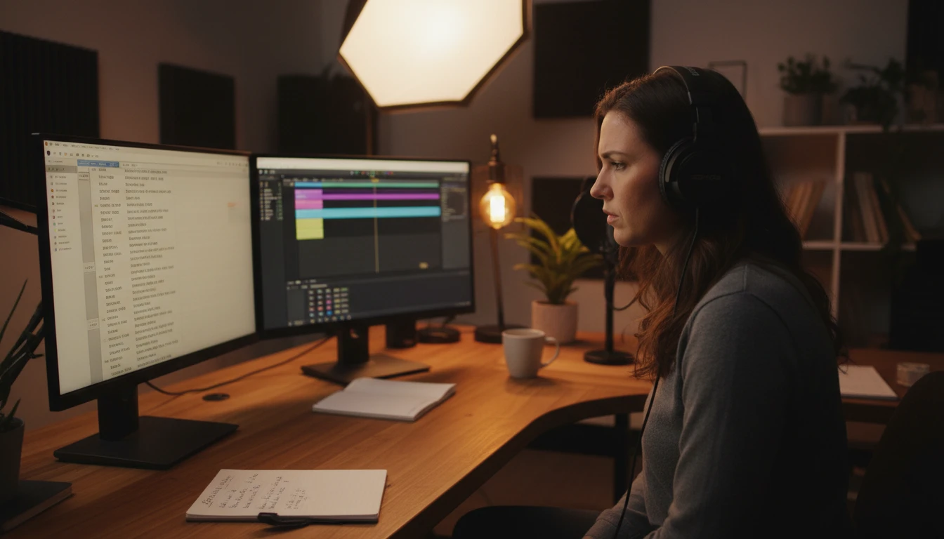 Podcast editor reviewing a timestamped transcript on a screen while listening to audio on headphones