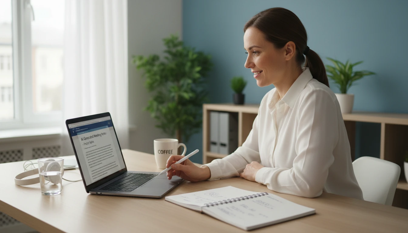 Team member reviewing AI-generated meeting minutes on a laptop after a video call