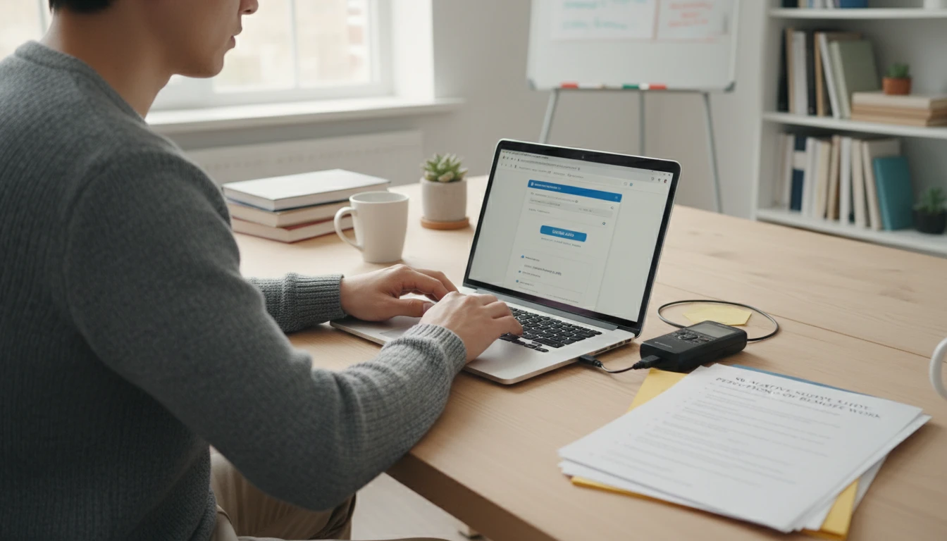 Researcher uploading an interview recording to get a transcript on a laptop