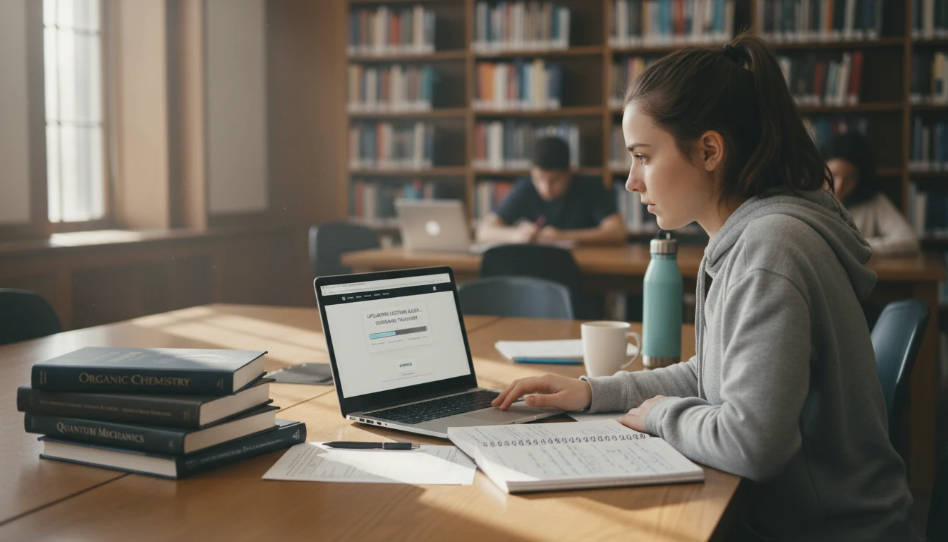 Student uploading a lecture recording on a laptop in a study environment to generate study notes