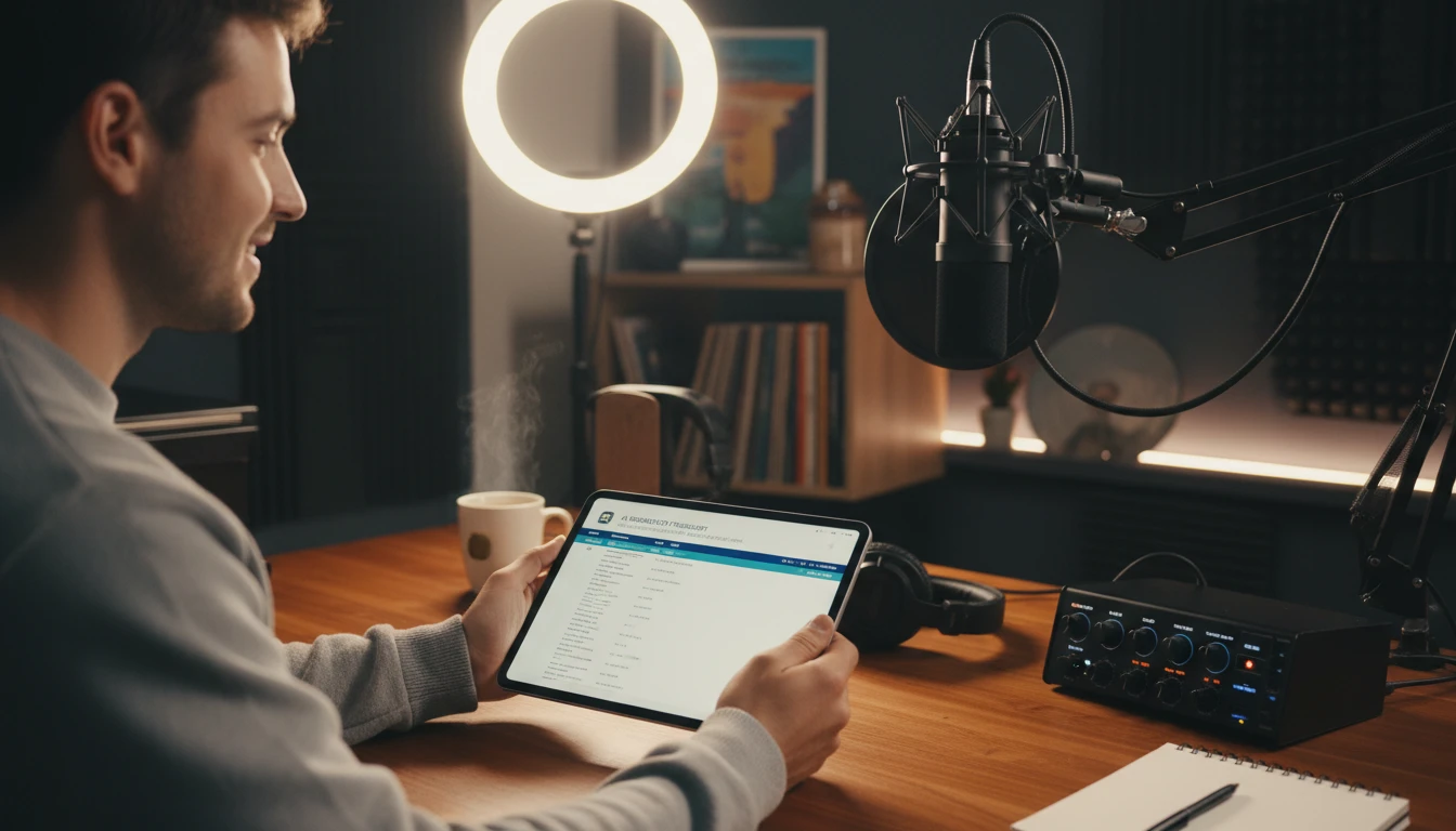 Podcaster reviewing an AI transcript of their latest episode on a tablet at a recording desk