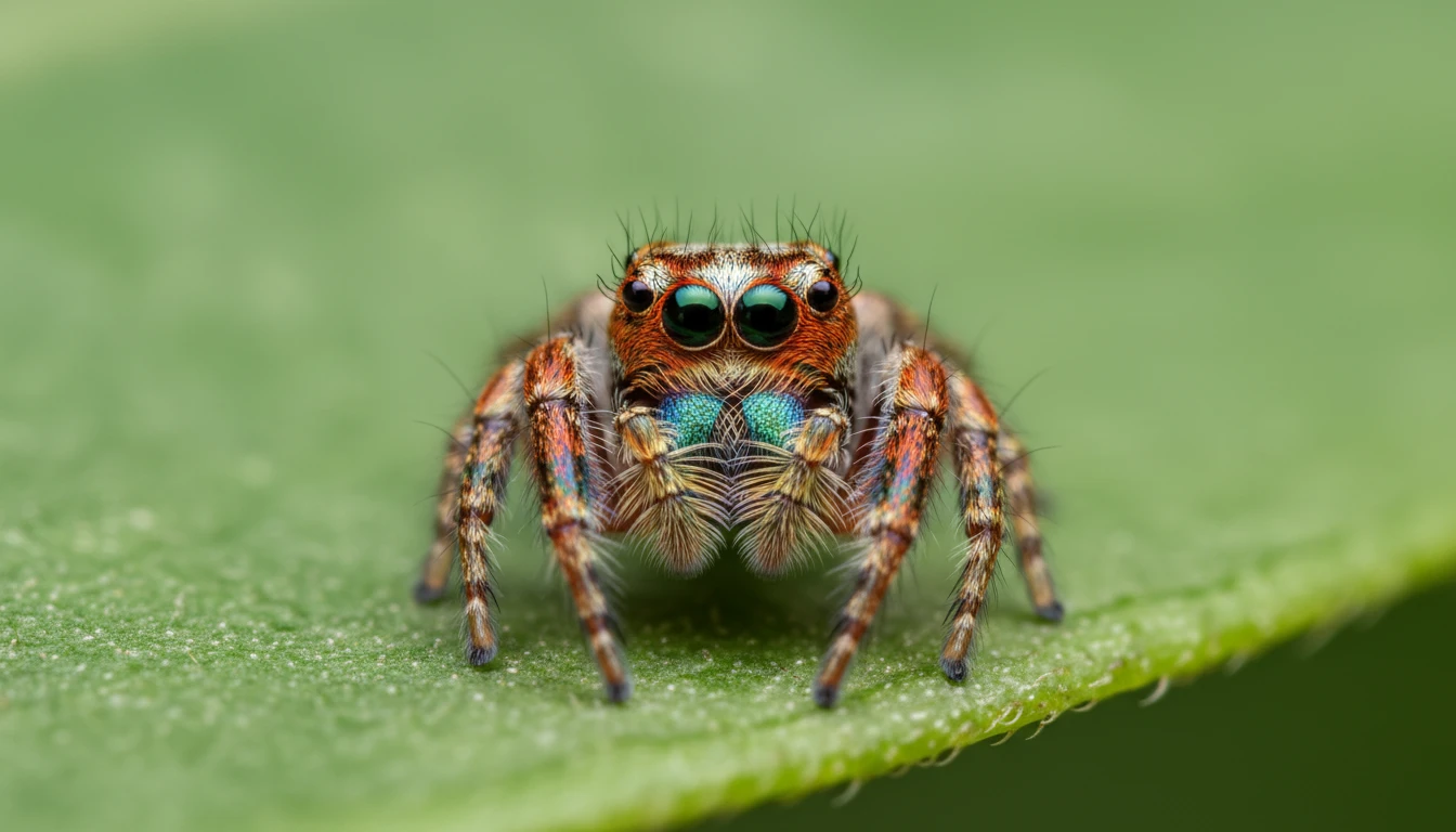 Close-up macro photograph of a jumping spider facing the camera with vivid eye detail on a green leaf