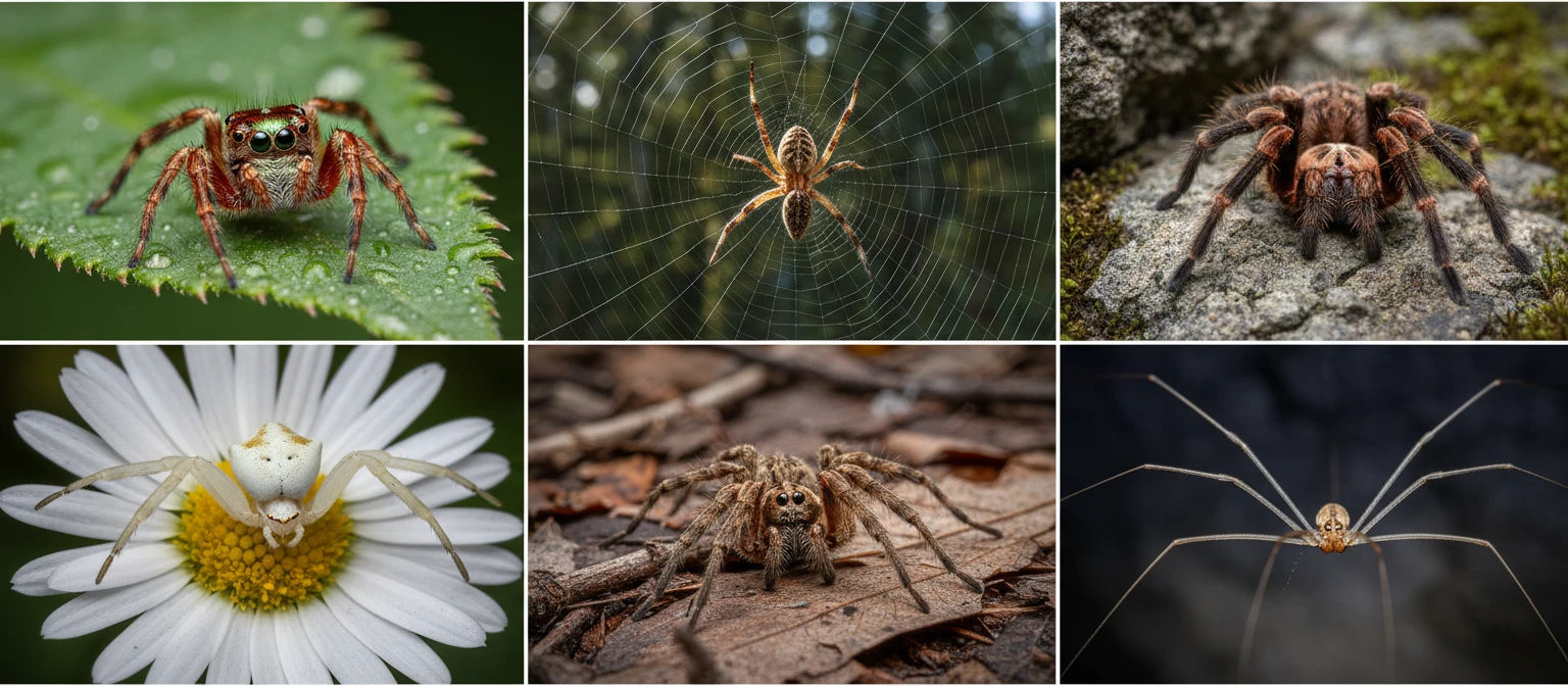 Wide photo collage of six spider species: a jumping spider, an orb weaver on its web, a tarantula, a crab spider on a flower, a wolf spider, and a cellar spider