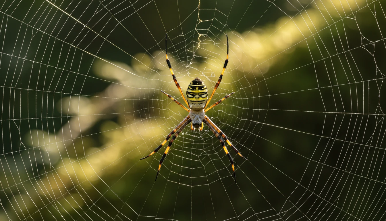 Close-up macro photograph of a golden silk orb-weaver spider on its web showing distinctive yellow leg banding