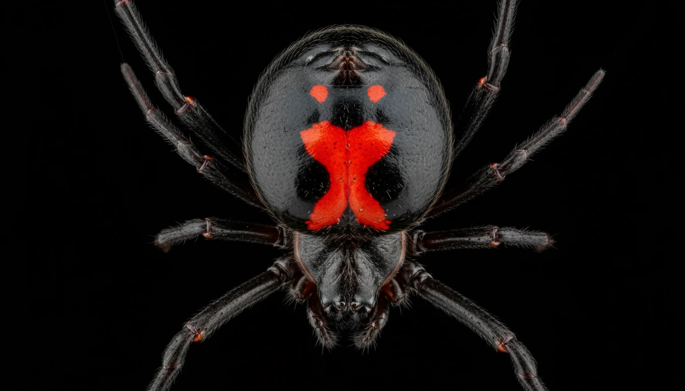 Black widow spider showing its distinctive red hourglass marking on its underside against a dark background