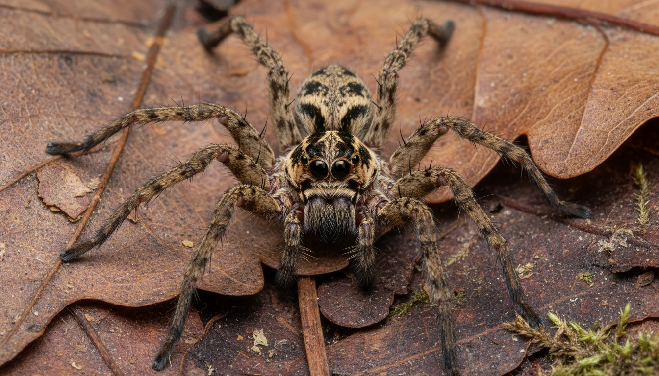 Wolf spider photographed from above on leaf litter showing its distinctive eye arrangement and robust body