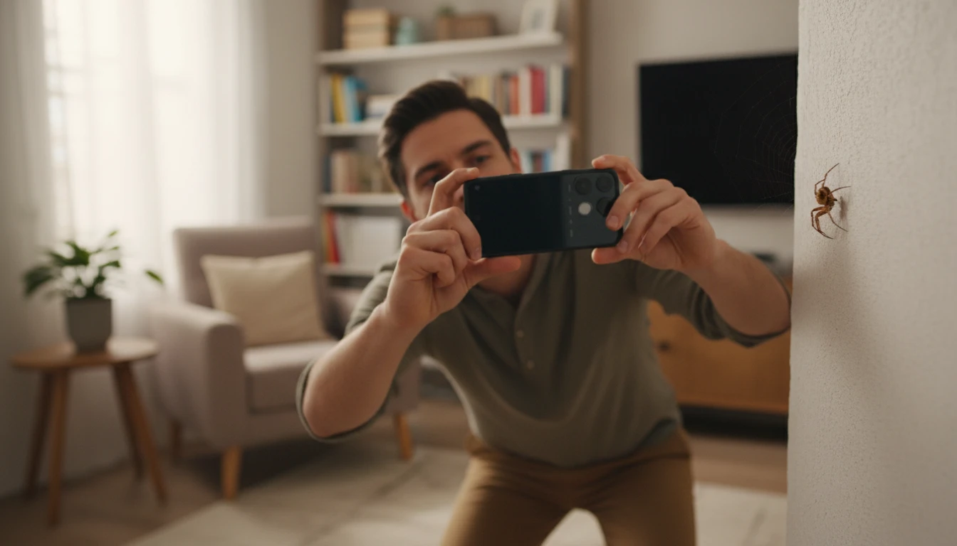 Person photographing a large spider on their wall with a smartphone to identify it