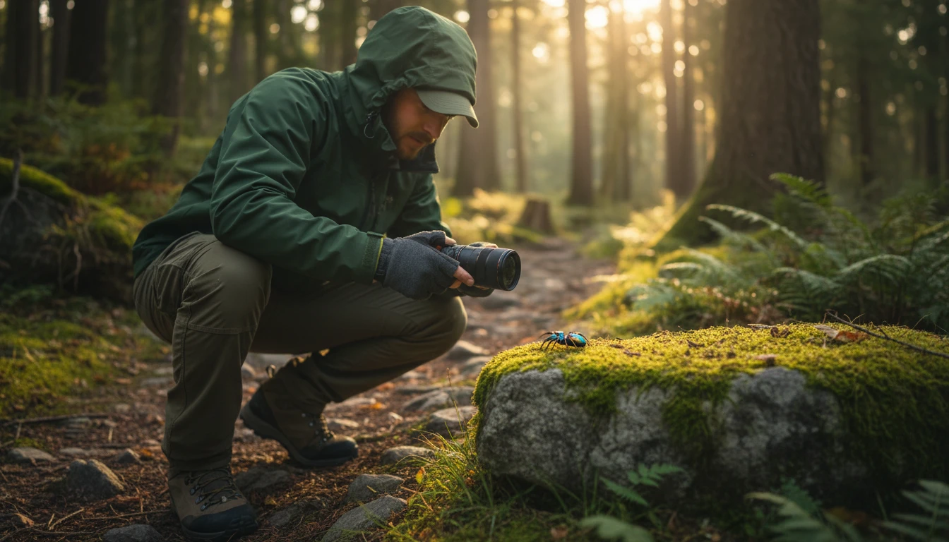 Hiker crouching to photograph a large colourful spider on a rock during a forest hike